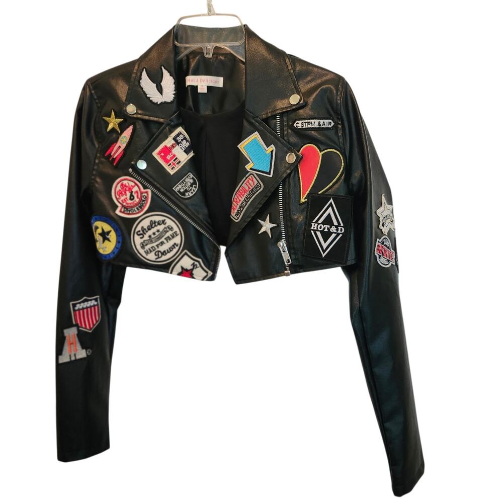 Hot & delicious Black Faux Leather Cropped Biker Moto Jacket Sz S Streetwear